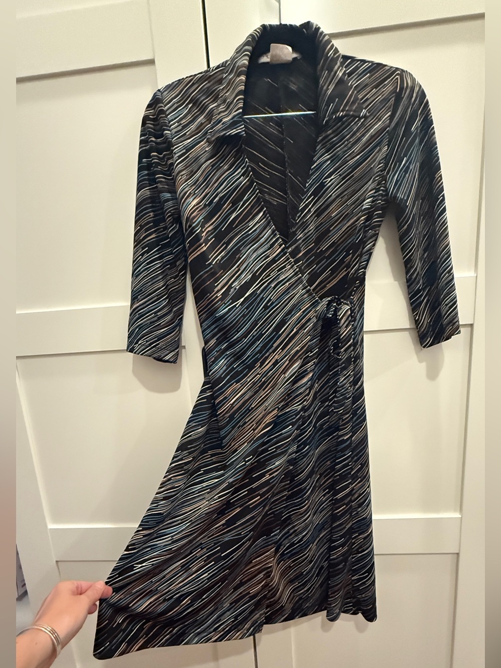 VTG 90s La Belle Black Wrap Dress with Abstract Blue Tan Stripes Print Sz S